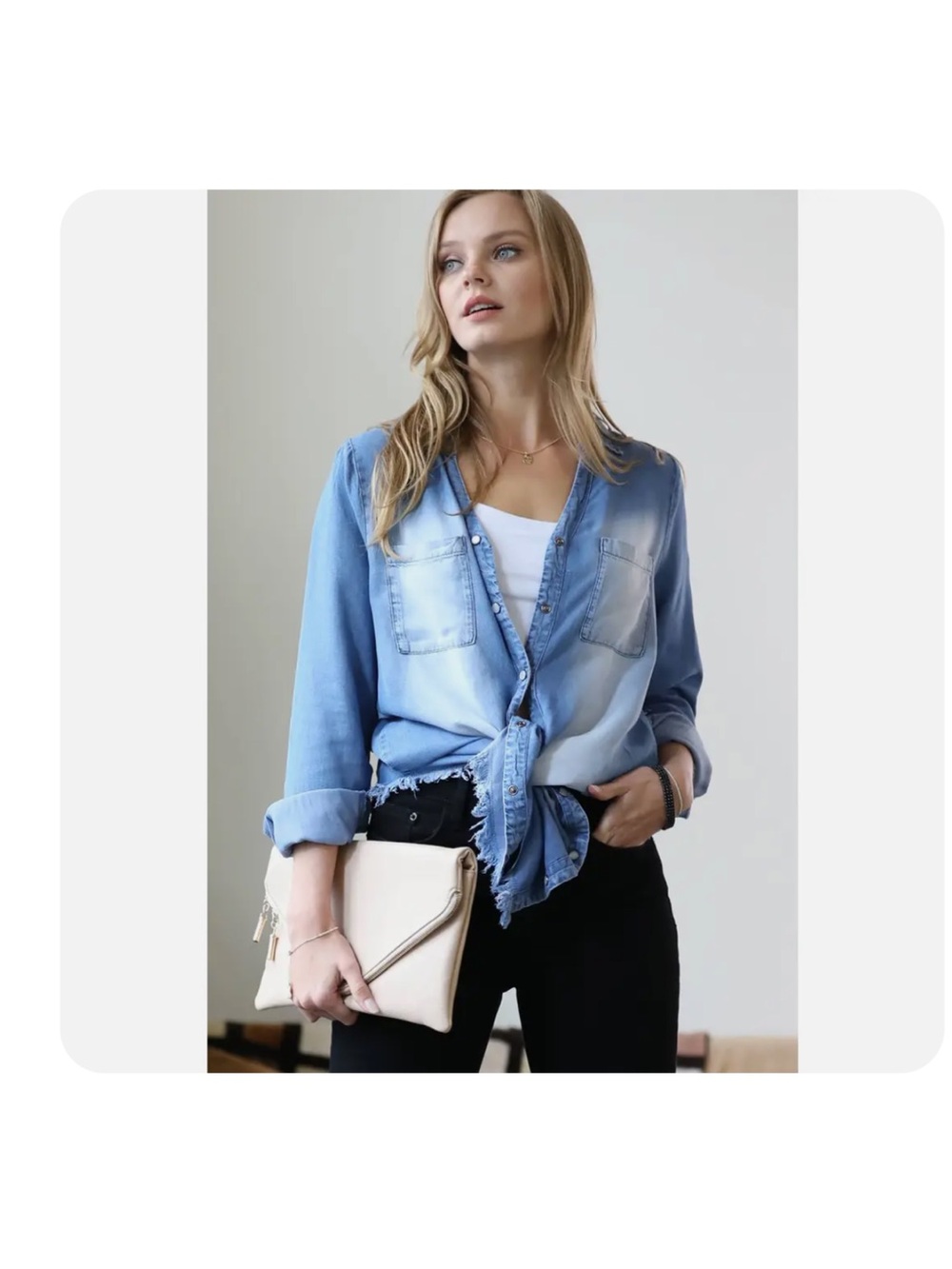 Zenana Outfitters Light Blue Denim Button-Down Shirt